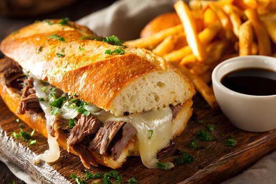 French dip sandwich with roast beef, melted cheese and fries.