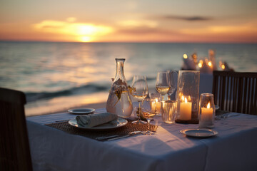 A romantic beachfront dinner setting, complete with candles and wine glasses at sunset.