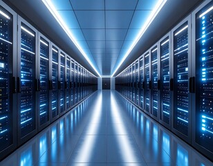 Fototapeta premium Digital Core: A Sleek Server Room Illuminated by Blue Racks and Ambient Light