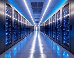 Fototapeta premium Digital Core: A Sleek Server Room Illuminated by Blue Racks and Ambient Light