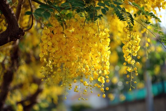 Clusters of bright yellow flowers cascading down tree branches