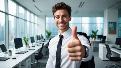 Cheerful young businessman giving thumbs up in modern office, conveying positivity, approval, confidence, and professional success.