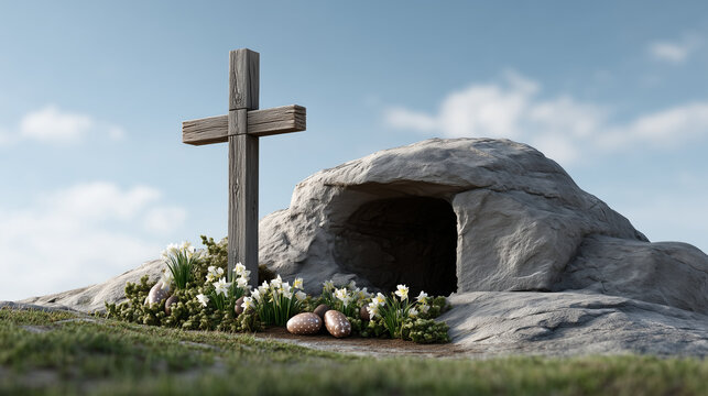 A serene depiction of Holy Saturday with a cross and tomb, symbolizing solemn observance, Holy Saturday, Christian reflection, sacred tomb, resurrection anticipation, spiritual devotion