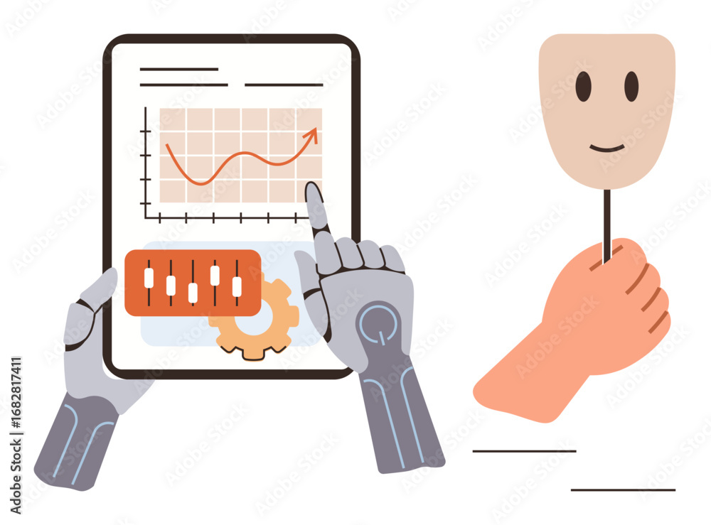 Poster robot hand interacting with data chart alongside human holding smiling mask symbolizing cooperation,