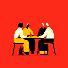 Fototapeta premium Four adults gather around a table, engaging in a board game. The lively atmosphere is enhanced by the striking red background, creating a sense of excitement and camaraderie.