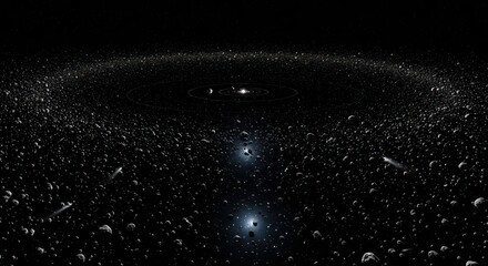 Asteroid Field and Solar System Depicted in Dark, Dramatic Space Illustration