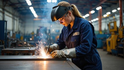 Focused female worker welding in workshop, surrounded by sparks, representing industrial craftsmanship and skilled labor.