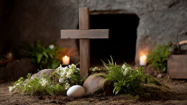 A reflective Holy Saturday scene with a cross and Jesus tomb, symbolizing solemn remembrance, Holy Saturday, sacred tomb, resurrection hope, spiritual devotion, biblical event