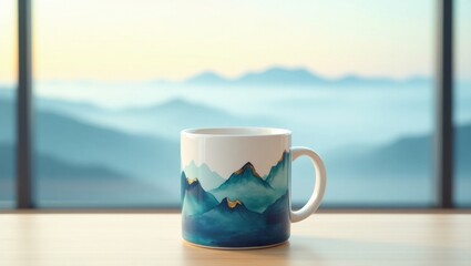 Mug with mountain landscape design on table in front of foggy mountain view