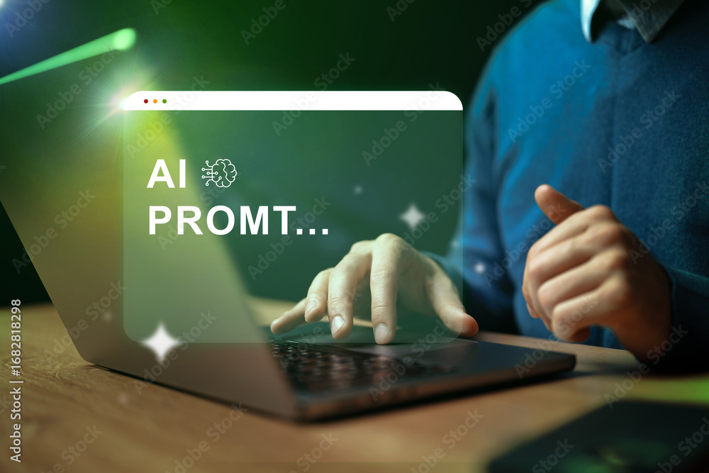 Poster creating innovative ai prompts via laptop in a dimly lit workspace filled with inspiration