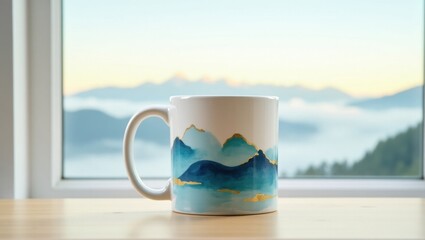 Mug with mountain landscape painting on a table by a window with foggy mountains outside