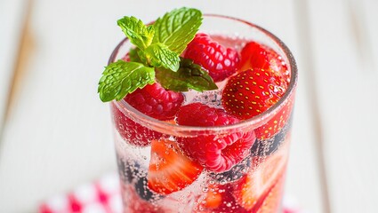 Refreshing berry cocktail with strawberries, raspberries, sparkling soda, and mint garnish, perfect for summer drinks and vibrant lifestyle imagery.