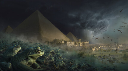 The plagues of Egypt with frogs, darkness, and locusts, symbolizing divine wrath, Egyptian plagues, biblical judgment, spiritual wrath, historical event, divine power