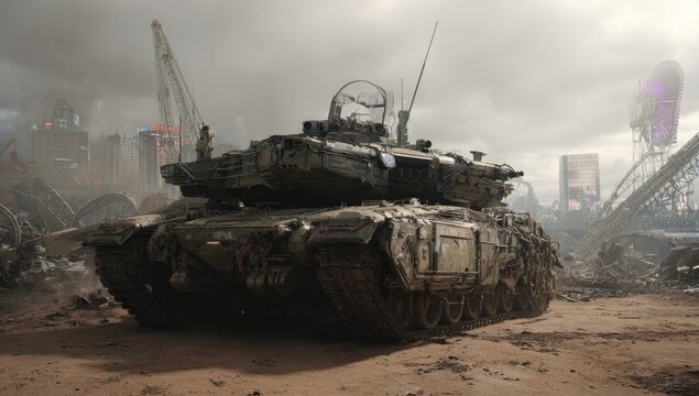 Futuristic tank in a post-apocalyptic cityscape