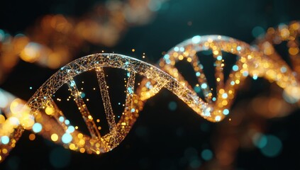 Abstract representation of DNA.  A swirling golden-hued DNA helix with light-emitting particles