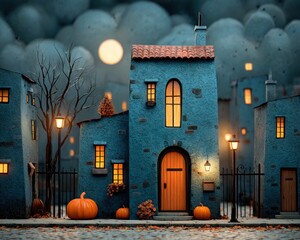 3D cartoon style Halloween background with mansion and pumpkin