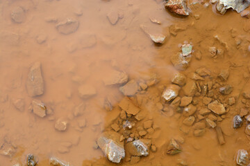 A top-down, abstract shot of a shallow puddle of brown muddy water with various stones and rocks partially submerged in it