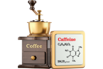 Coffee Grinder and caffeine Icon with chemical formula, transparent background