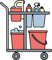Janitorial cart brimming with cleaning supplies