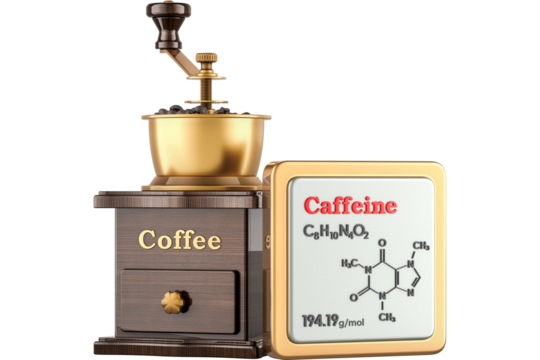 Coffee Grinder and caffeine Icon with chemical formula, transparent background
