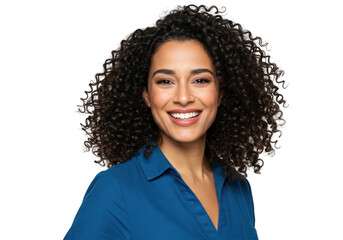 Woman with curly hair smiling brightly on transparent background