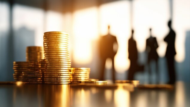 Stacks of gold coins in front of business people - Powered by Adobe