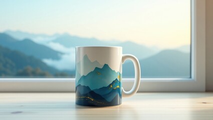 Mug with mountain landscape design on a windowsill with a scenic view