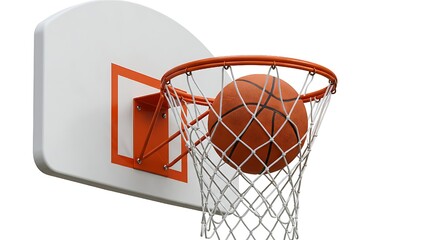 ​A studio image of a basketball falling through the net of a hoop and backboard