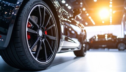 Close-Up of a Luxury Sports Car Wheel and Brake System Highlighting Precision Engineering and Sleek Automotive Design for High-End Vehicle Showcases
