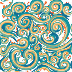 Naklejka premium Retro Swirls Seamless Pattern in Blue, Yellow, and Orange for vintage fashion, home textiles, accessories, stationery, and lifestyle products. This playful and bold vector design brings movement, 