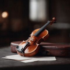 Fototapeta premium Elegant violin resting on a case with sheet music. Captures musical passion, artistry, and performance. Perfect for classical music, education, or cultural projects.