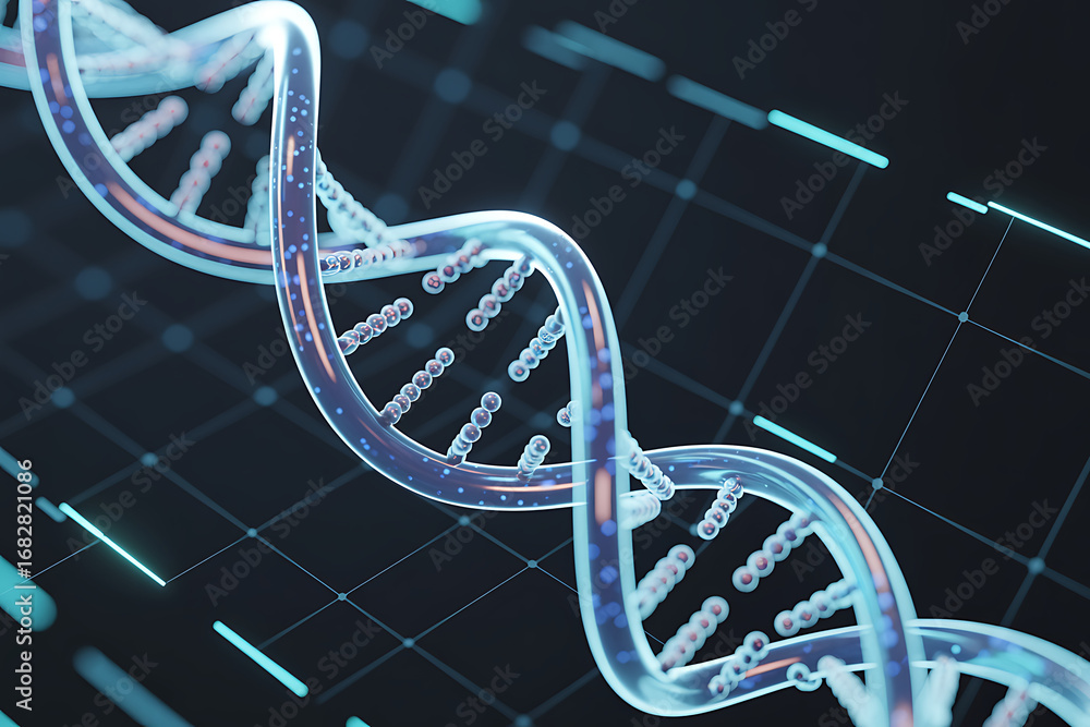 Aufkleber high quality 3d rendering of a glowing dna double helix strand representing genetics biotechnology r