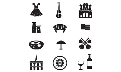 Vector Spain Icons Set: Flamenco, Paella, Guitar, Bullring, Wine