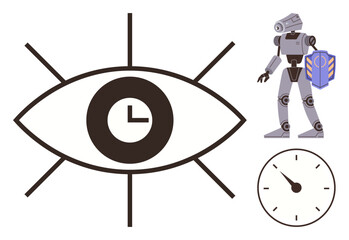 Eye motif with a clock inside, humanoid robot holding a shield, and a simple clock circle. Ideal for technology, AI, data, cybersecurity, timing surveillance futuristic concepts. Simple flat
