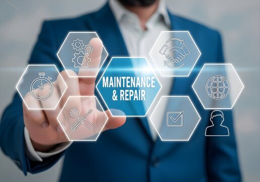 Businessman interacts with futuristic holographic interface for maintenance and repair services technology