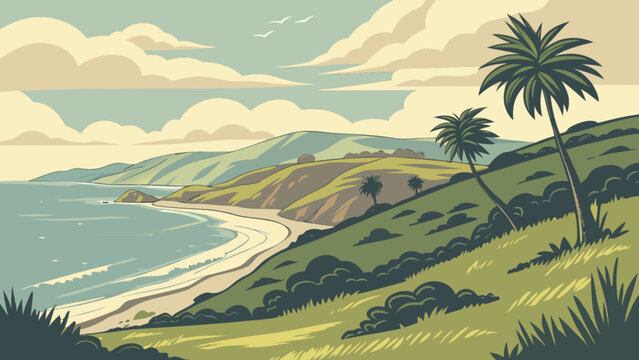 Coastal landscape illustration with palm trees, beach, and ocean view for travel and vacation designs