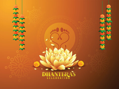 illustration of a golden pot overflowing with coins beside sacred footprints and a swastika symbol, conveying Dhanteras and Diwali themes of wealth, blessings, home puja and prosperity.