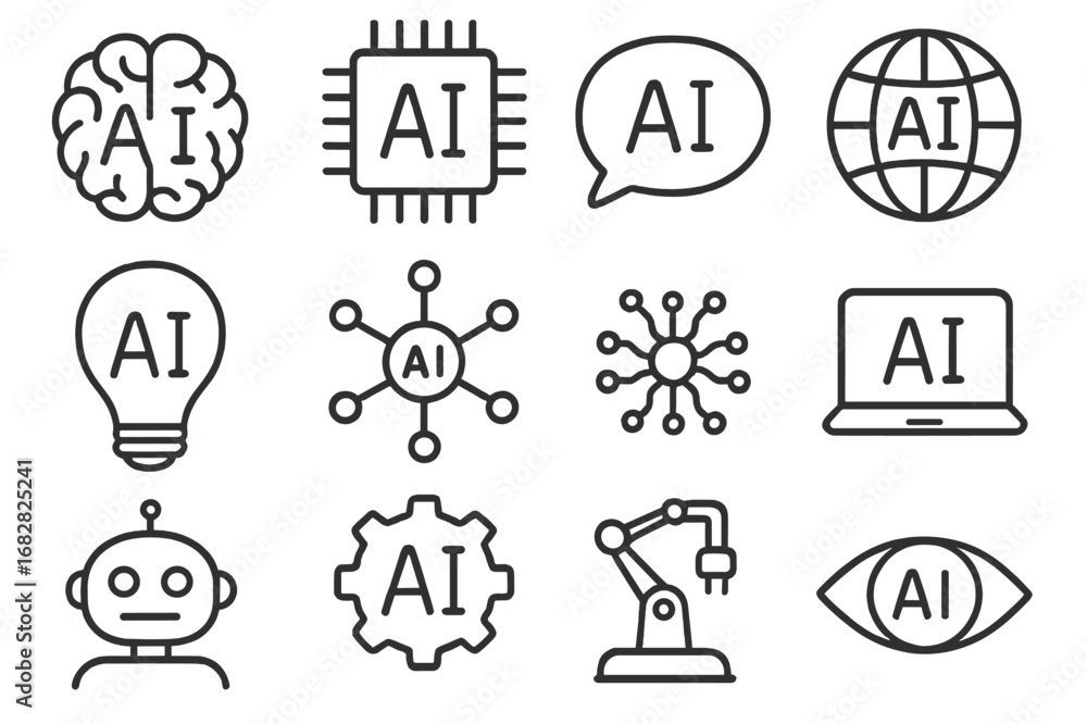 Poster illustrations showcasing various concepts and symbols of artificial intelligence in a digital format