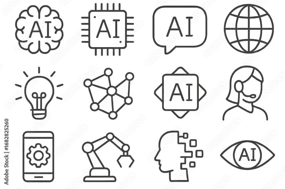 Poster visual representation of artificial intelligence concepts featuring various related symbols and icon