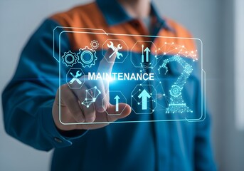 Technician interacting with futuristic holographic display showing industrial maintenance data and icons