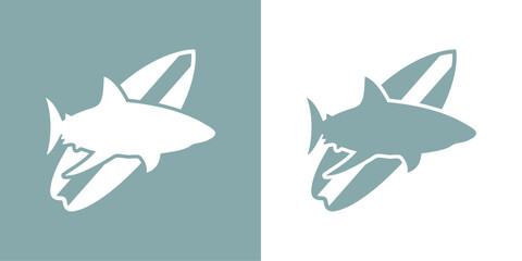 Logo club de surf. Silueta de tiburón blanco con tabla de surf	