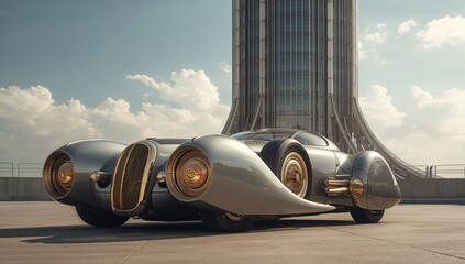 Gleaming retro-futuristic concept car parked on rooftop terrace, with spoked gold wheels