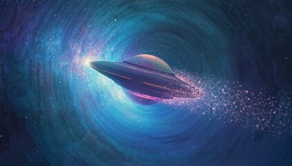 Racing saucer-shaped spacecraft navigating swirling cosmic vortex, with planet and glowing trail
