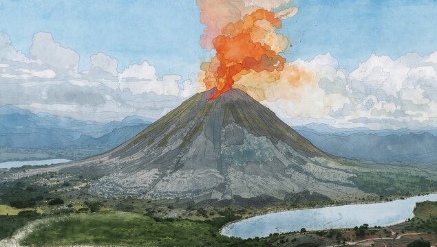 Erupting central volcano emitting lava and ash plume at curved lake, with farmland parcels - Powered by Adobe