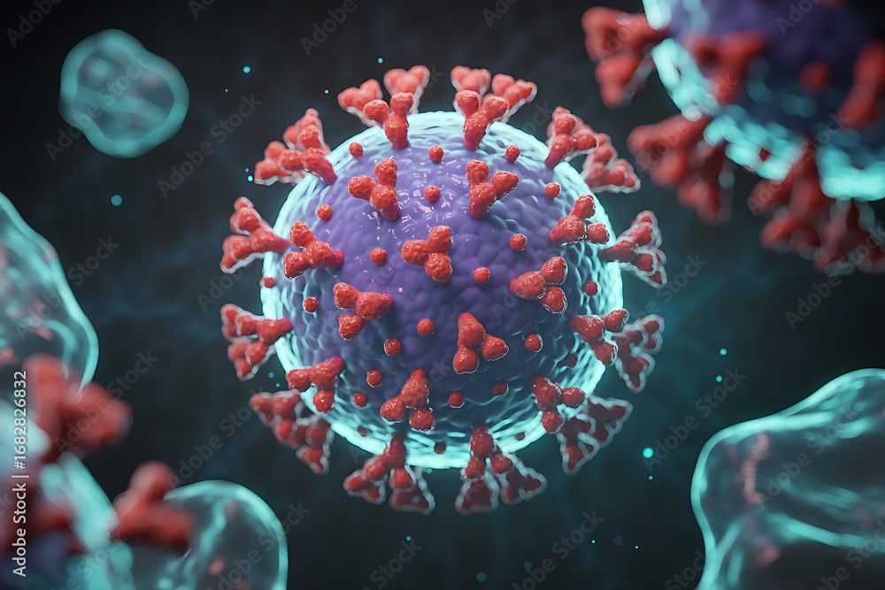 Aufkleber photorealistic 3d rendering of a magnified virus particle showing detailed outer spikes and internal
