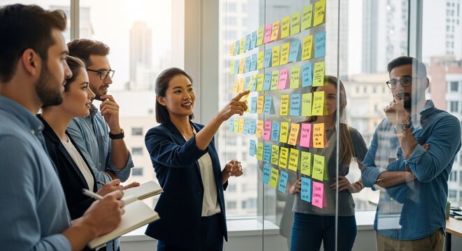 Diverse Business Team Brainstorming Ideas on Sticky Notes in Modern Office