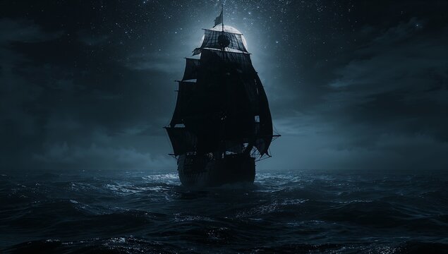 Drifting multi-masted ship silhouette gliding across open sea at night with moonlit sails and flag