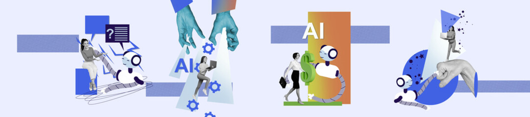 Collection sketch art poster 3d banner collage of happy businesswoman stand robotic app artificial...