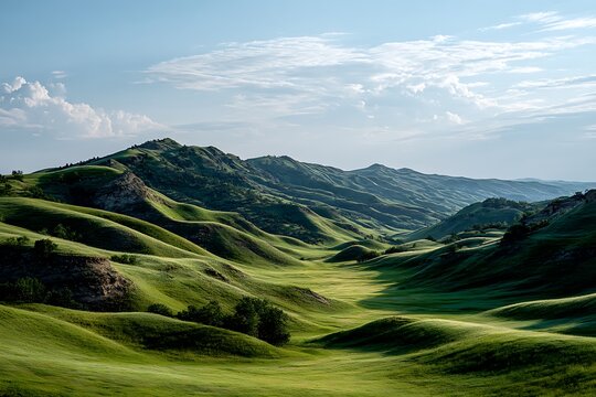 A tranquil landscape, showcasing natural beauty with rolling hills, green fields, and a clear sky.