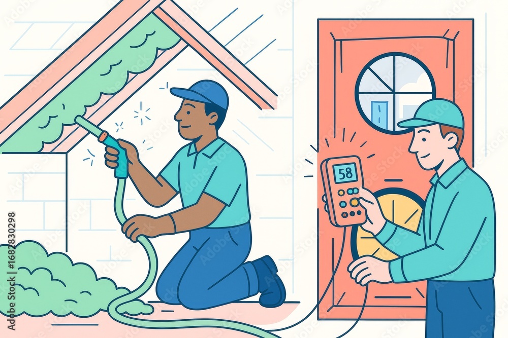 Poster home insulation installation and energy efficiency testing by workers in attic environment with ligh